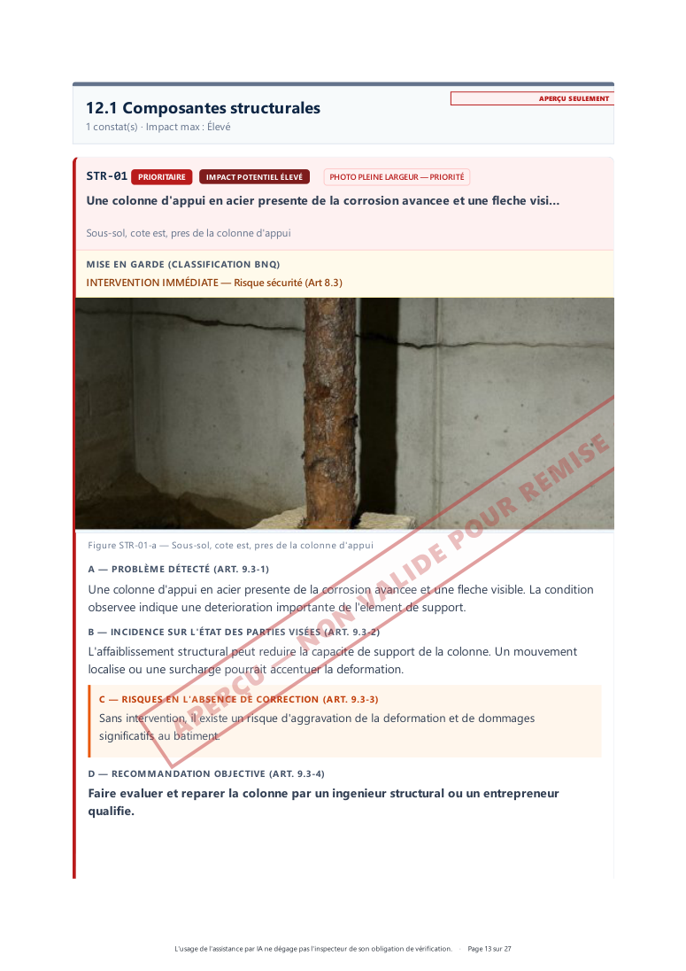 Page de constat d'un rapport PDF inspekIA conforme BNQ