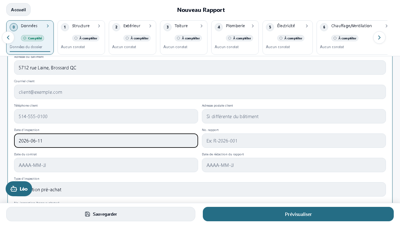 Création d'un nouveau rapport d'inspection